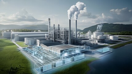 Obraz premium A conceptual image showing industrial facilities with carbon capture technology in action, with emissions being filtered and stored, symbolizing the path to carbon neutrality and reduced emissions 