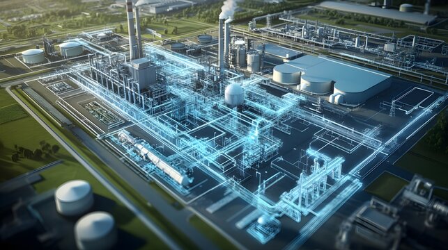 A conceptual image showing industrial facilities with carbon capture technology in action, with emissions being filtered and stored, symbolizing the path to carbon neutrality and reduced emissions 