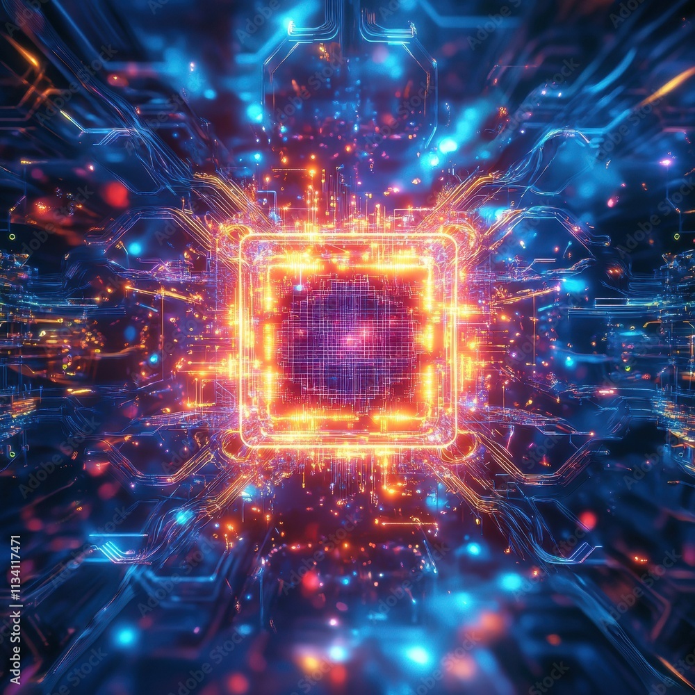Poster abstract futuristic technology background with bright orange and blue light effects representing dig