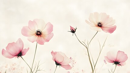 A minimalist watercolor depiction of cosmos flowers in soft pink and white, elegantly arranged on a light cream background, creating a serene and delicate floral composition 