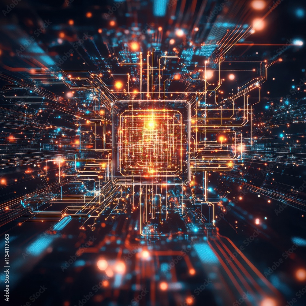 Aufkleber futuristic data network with vibrant lights and complex circuitry representing technology, innovatio