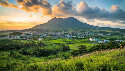Obraz premium Stunning Sunset Over Coastal Village and Mountain