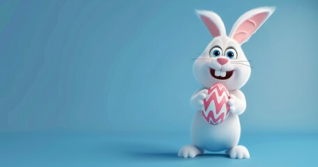 Obraz premium 3D cartoon white rabbit holding an easter egg isolated on a blue background
