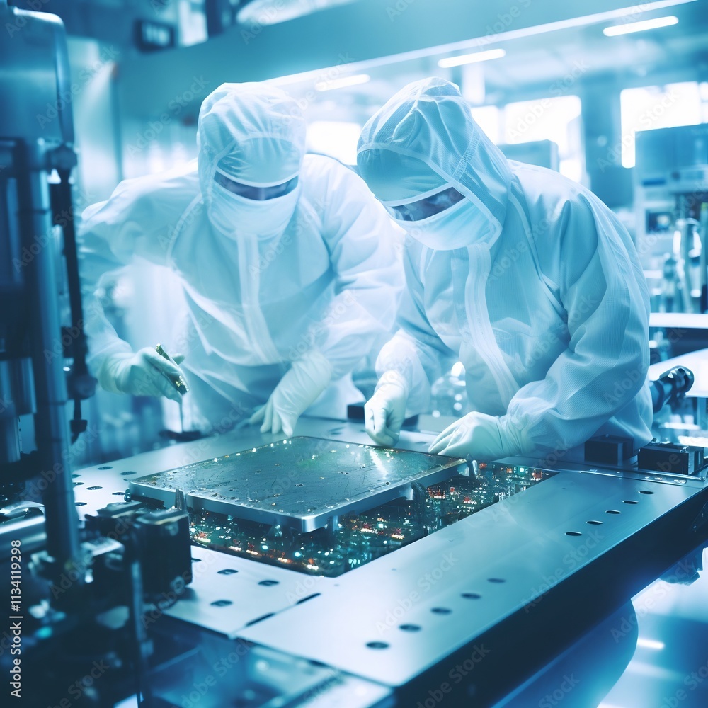 Aufkleber engineers carefully inspecting and evaluating lithium ion battery cells within a cleanroom environme