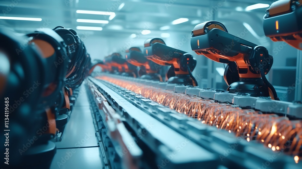 Poster automated robotic arms with precision meticulously assembling electric vehicle battery modules in an