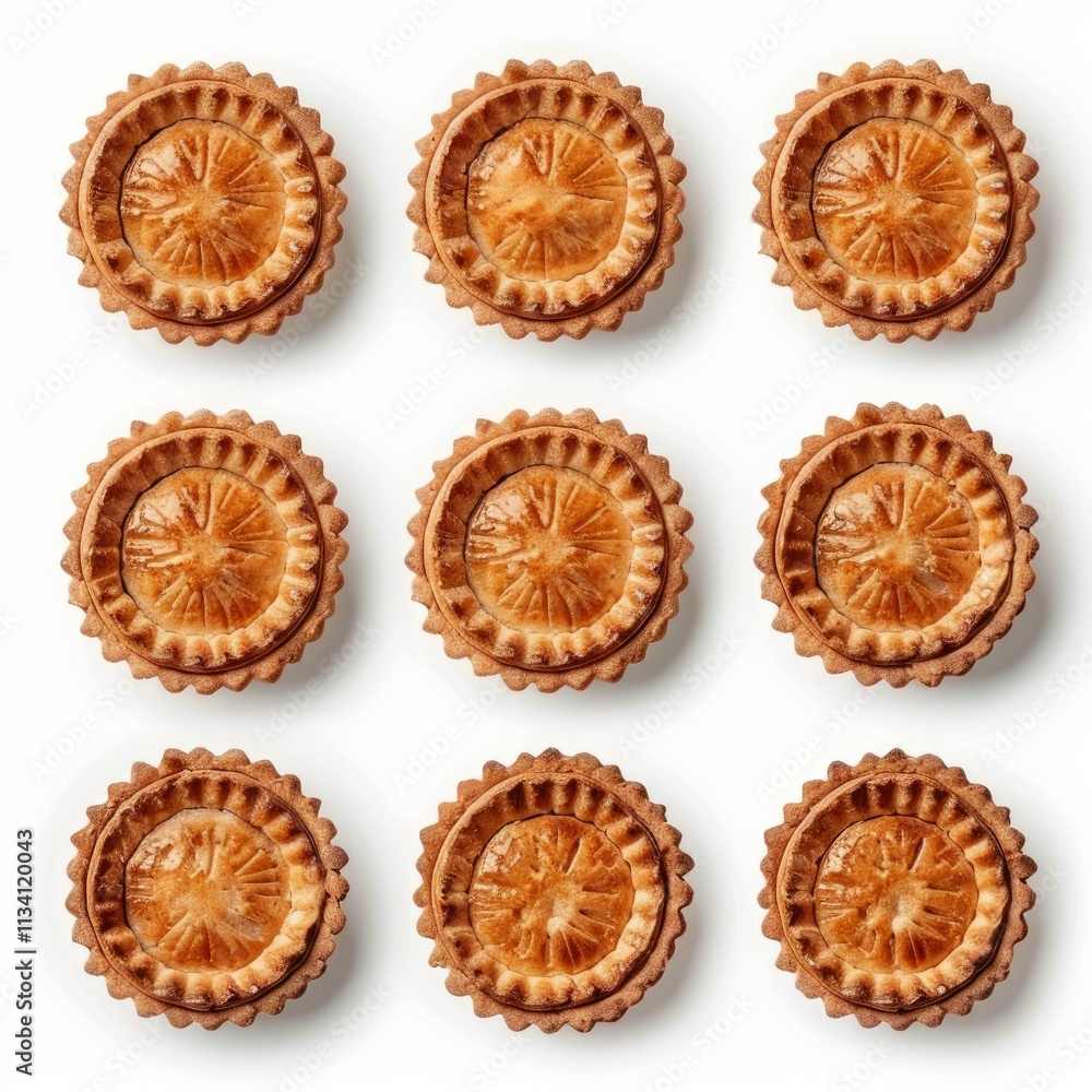 Poster delicious golden brown pies arranged in perfect rows and columns, creating a visually appealing grid