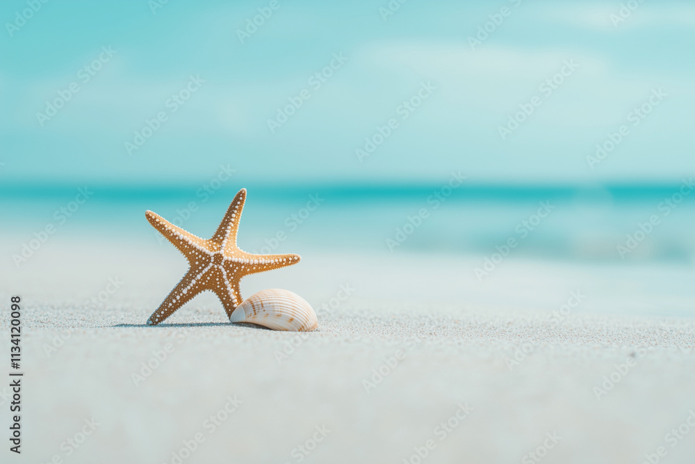 Aufkleber starfish is laying on a beach with shells scattered around it. the scene is serene and peaceful, wit