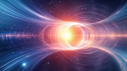 Obraz premium Cosmic Energy Flow within a Vibrant Warp Tunnel Illustrating the Beauty of Space-Time, Particle Movement, and Light Dynamics in a Stunning Abstract Design