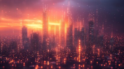 Fototapeta premium Futuristic Cityscape at Sunset: A Digital Metropolis
