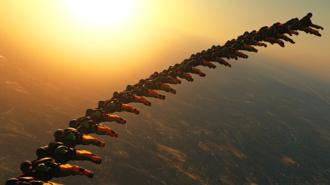A large formation of skydivers in a synchronized freefall at sunset.