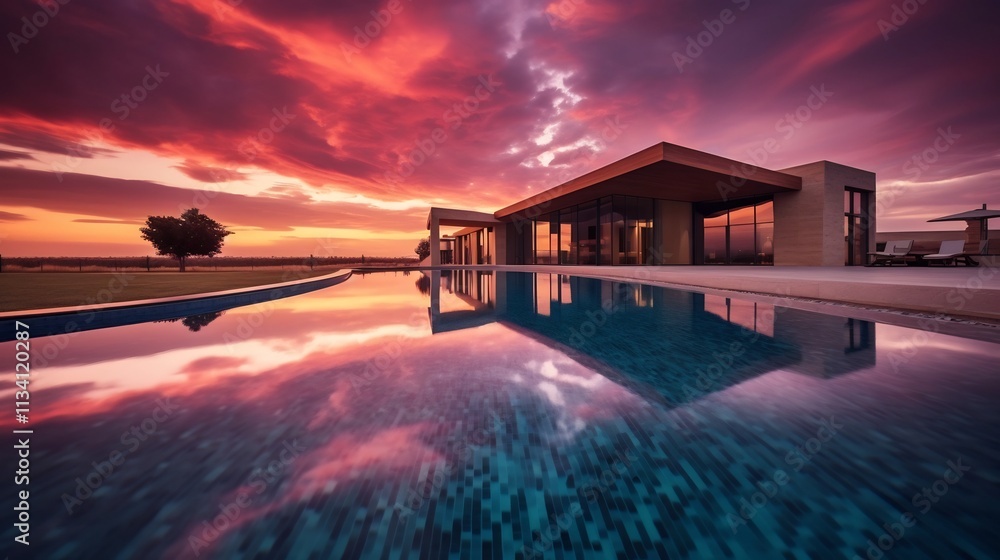 Aufkleber breathtaking sunset reflection shimmering on the calm glassy surface of a serene swimming pool at du