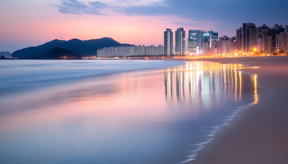 Fototapeta premium City Skyline Reflected in Calm Ocean at Sunset