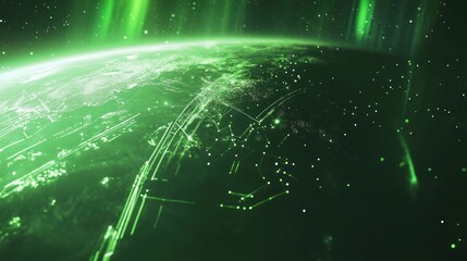 Fototapeta premium Futuristic Earth, network of glowing green lines, digital connections.