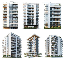 set of modern apartment exterior isolated on a white background. cutout PNG file on a transparent background. PNG format for graphic design.