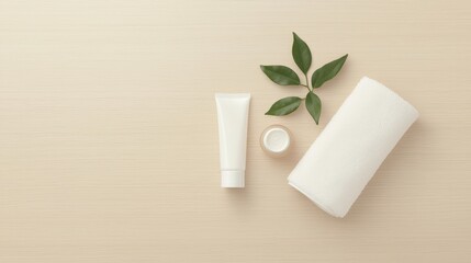 Fototapeta premium Skincare essentials on minimalistic wood background