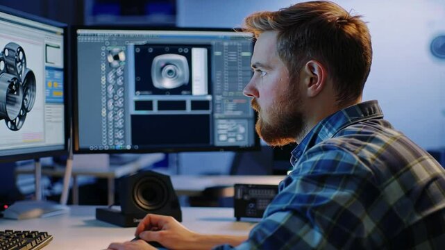 Industrial designer talks with a senior engineer while working on a program to design a new component.