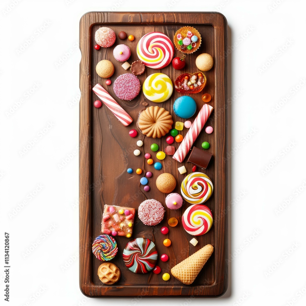 Poster various colorful candies and sweets arranged on a rustic wooden board, creating a vibrant and tempti