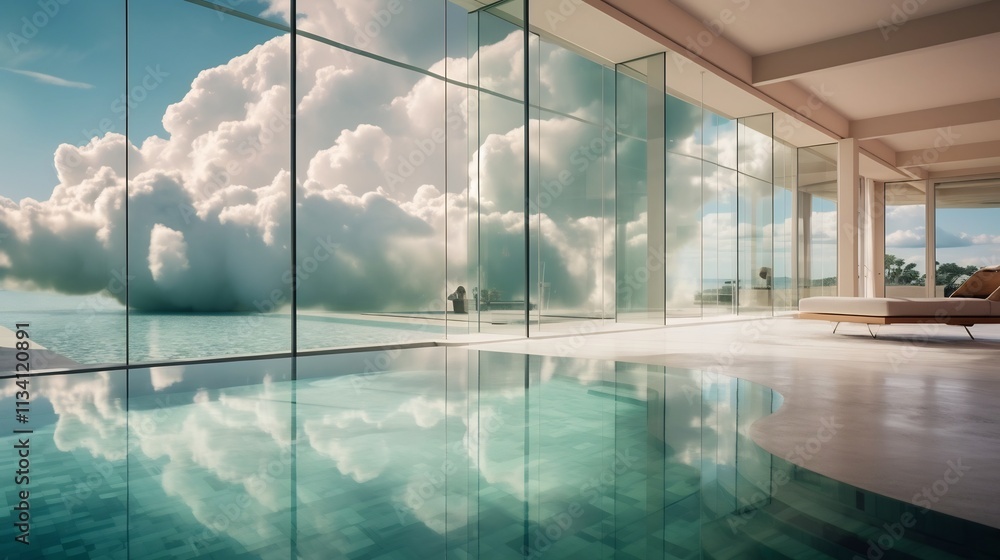 Poster a crystal clear pool with a stunning mirrored reflection of the fluffy white clouds and blue sky abo