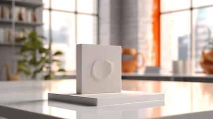 A bright and modern kitchen interior with a white table, wooden furniture, and eclectic decor elements Interior of light kitchen with teapot, cup and snacks on table
