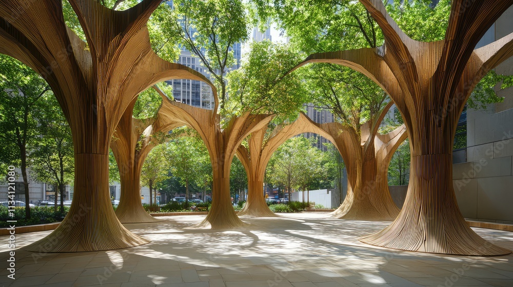 Aufkleber a bio-mimetic public space with tree-like columns, branching out to provide shade and a natural, org