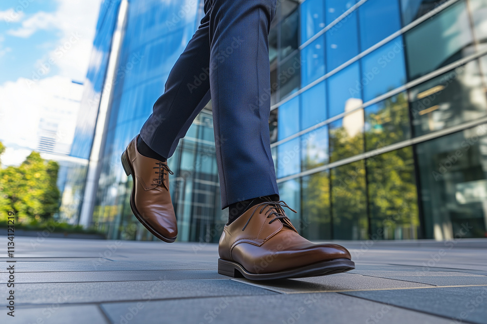 Poster man in a suit is walking down a sidewalk in front of a large building. concept of professionalism an