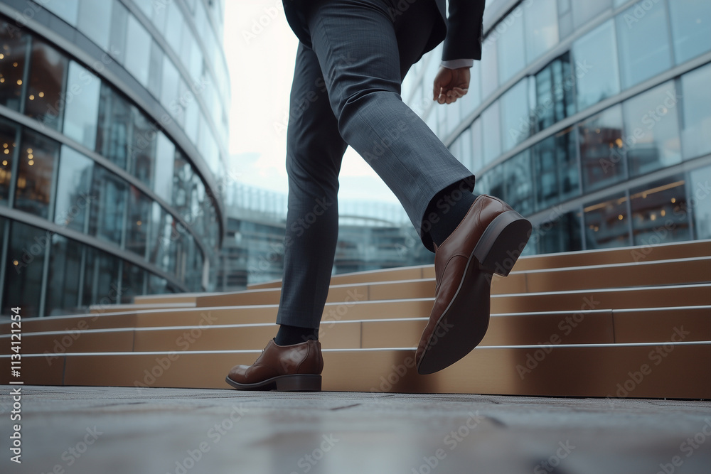 Poster man in a suit is walking down a sidewalk in front of a large building. concept of professionalism an