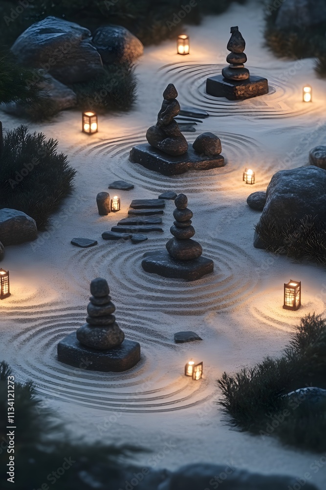 Aufkleber serene landscape with stacked stones and lanterns, creating a calming atmosphere.