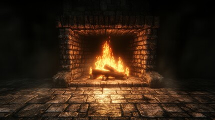Fototapeta premium Stone fireplace with blazing fire, logs burning brightly. Perfect for cozy, winter, or fantasy themes.