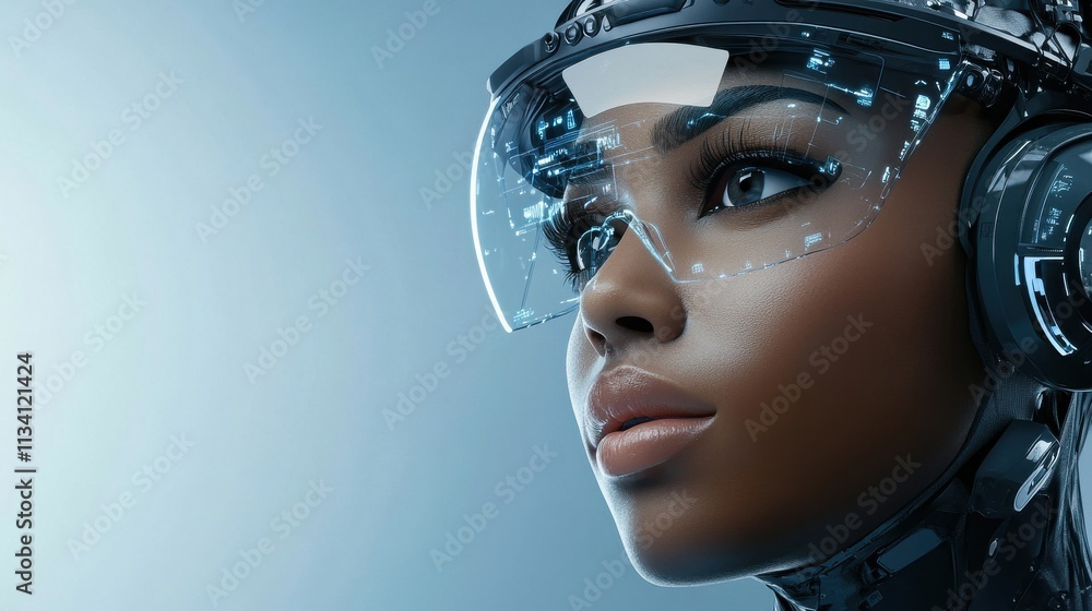 Aufkleber futuristic cybernetic portrait of a woman with high-tech visor and enhanced features, showcasing adv