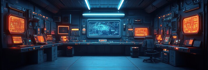 Futuristic control room with glowing screens and consoles.
