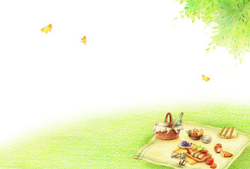 ピクニックのお弁当と緑の野原の背景　横　手描き色鉛筆画