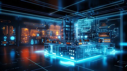 Fototapeta premium Digital Twin Technology Visualizing Automated Factory Processes and Management in a Modern Control Room Dashboard Interface Concept of Industrial Digitalization Smart Manufacturing