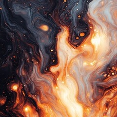 The image features an abstract representation of swirling colors and textures, evoking a cosmic or fiery atmosphere with vibrant oranges, whites, and deep blues.