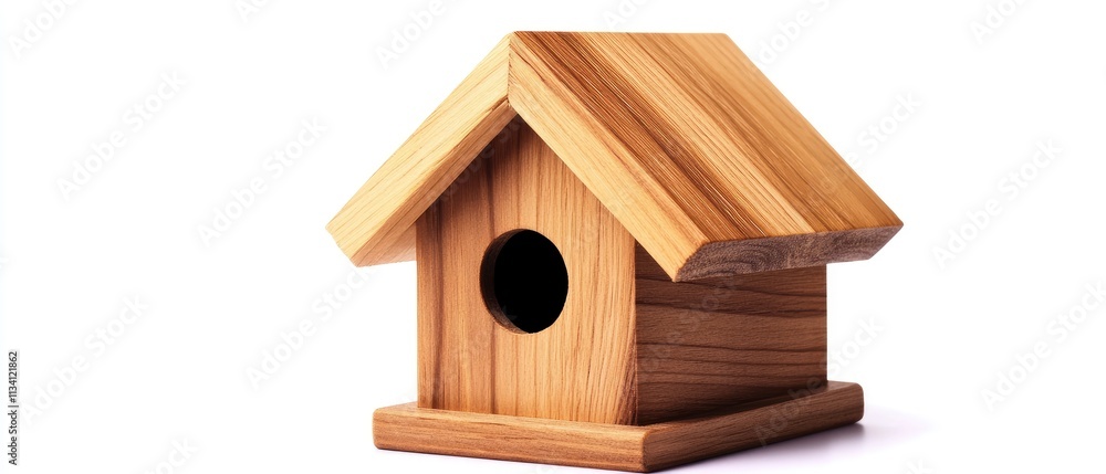 Wall mural A wooden birdhouse with a slanted roof, designed for nesting birds.