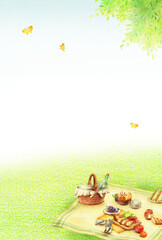 ピクニックのお弁当と青空の緑の野原の背景　縦　手描き色鉛筆画