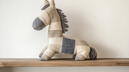 A classic stuffed horse with a patchwork design, sitting on a narrow wooden shelf with neutral tones