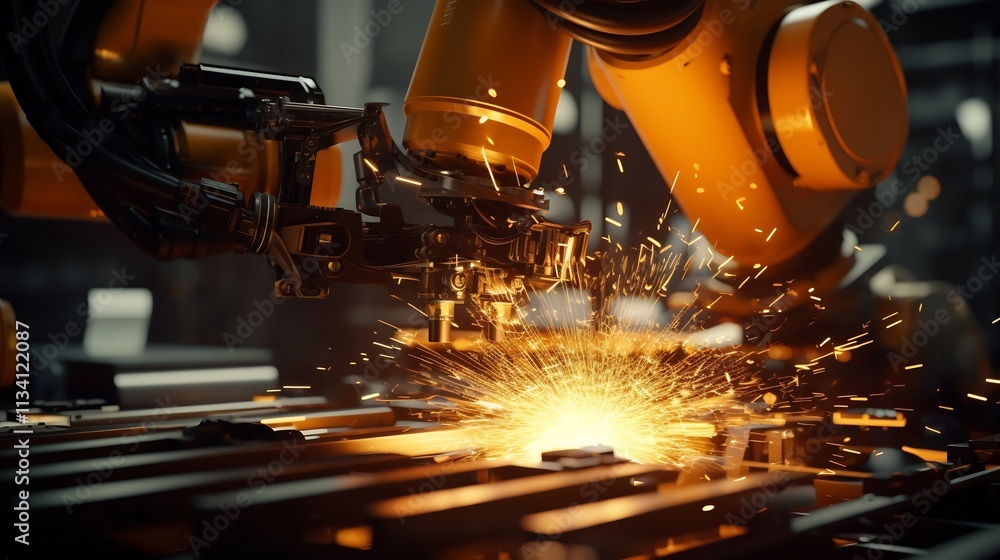 Poster advanced robotic system precisely assembling automotive parts with exceptional speed and efficiency 