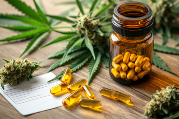 bottle of pills sits on a table next to a piece of paper. The pills are yellow and the paper is white