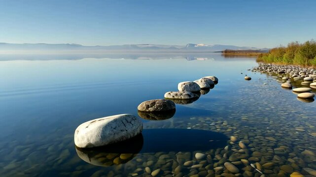 A row of rocks carefully balanced on the surface of a body of water, A view of a calm lake with smooth stones, reflecting a clear blue sky