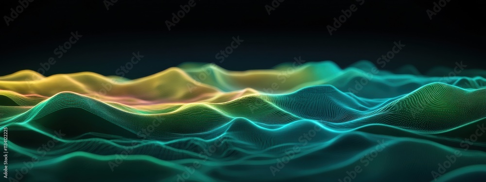 Poster vibrant abstract waves of colorful light rippling across a digital landscape with depth and texture 