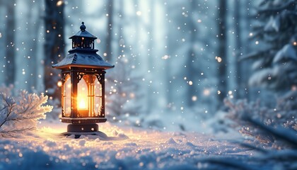 Snow-covered lantern glowing in a forest, soft lighting, tranquil winter atmosphere.