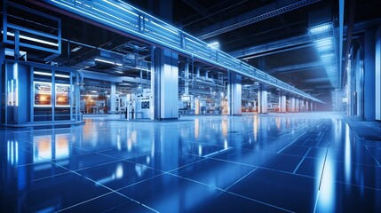 Obraz premium Illuminated by vibrant blue and white LED lights this futuristic factory floor showcases a high tech workspace filled with cutting edge robotic automation modern machinery