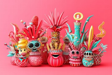 Playful Colorful Cartoon Characters in a Vibrant Pink Setting