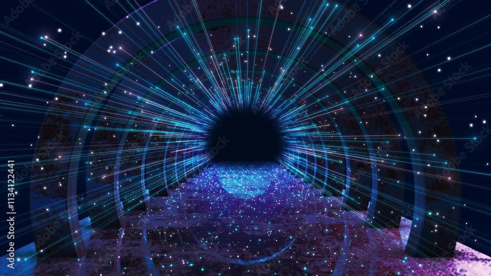 Poster network digital podium backdrop data connection cybersecurity cyber landscape particles. big data vi