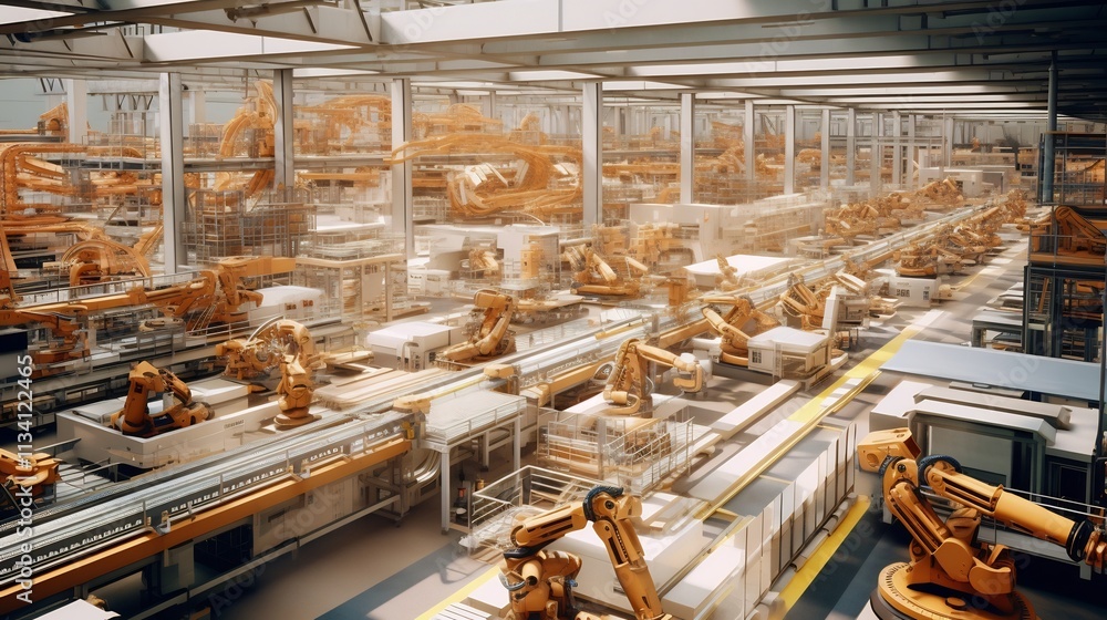 Poster cutting edge robotic systems meticulously building intricate machinery and equipment in a modern hig