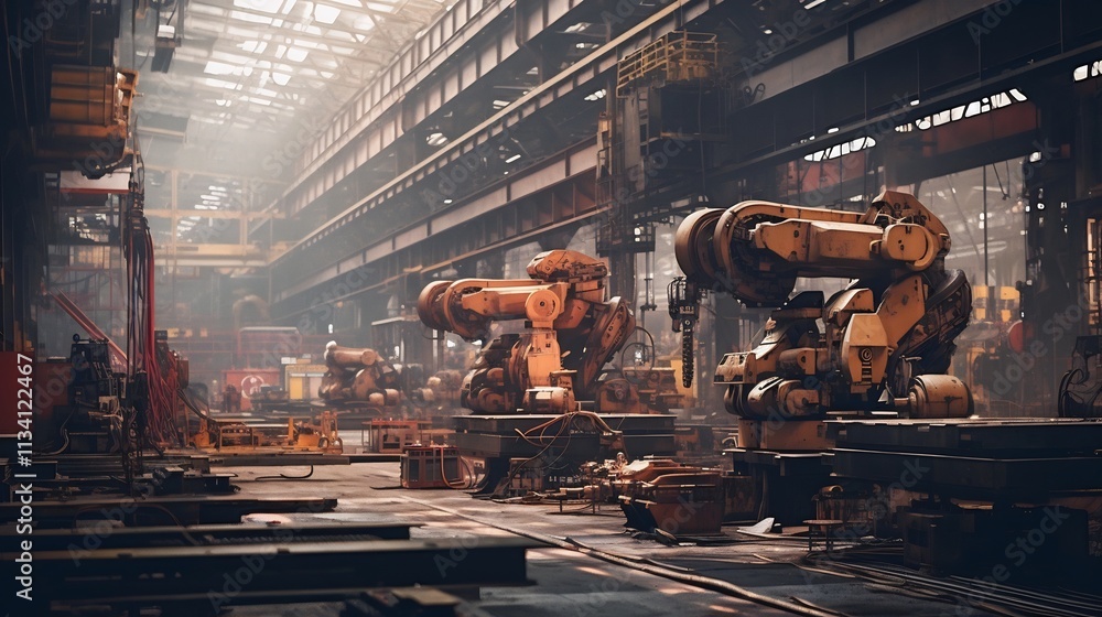 Poster cutting edge robotic systems building intricate machinery and equipment in a futuristic high tech in