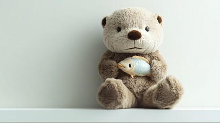 Obraz premium A cuddly stuffed otter holding a small plush fish, sitting upright on a white floating shelf
