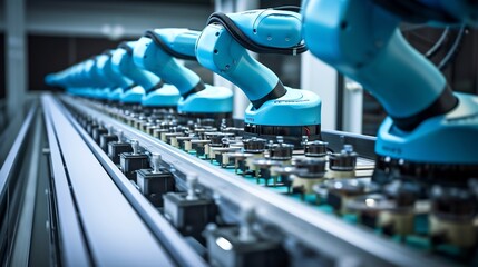 Obraz premium Intelligent Robotic Systems Performing Repetitive Tasks with Precision and Efficiency on a High Tech Production Line