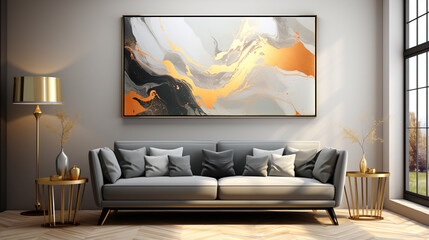 A cozy living room with a mountain landscape painting and warm decor. Luxury living room interior with white walls wooden floor comfortable sofa with pillows and table Mockup poster frame
