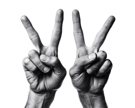 a pair of hands making a peace sign